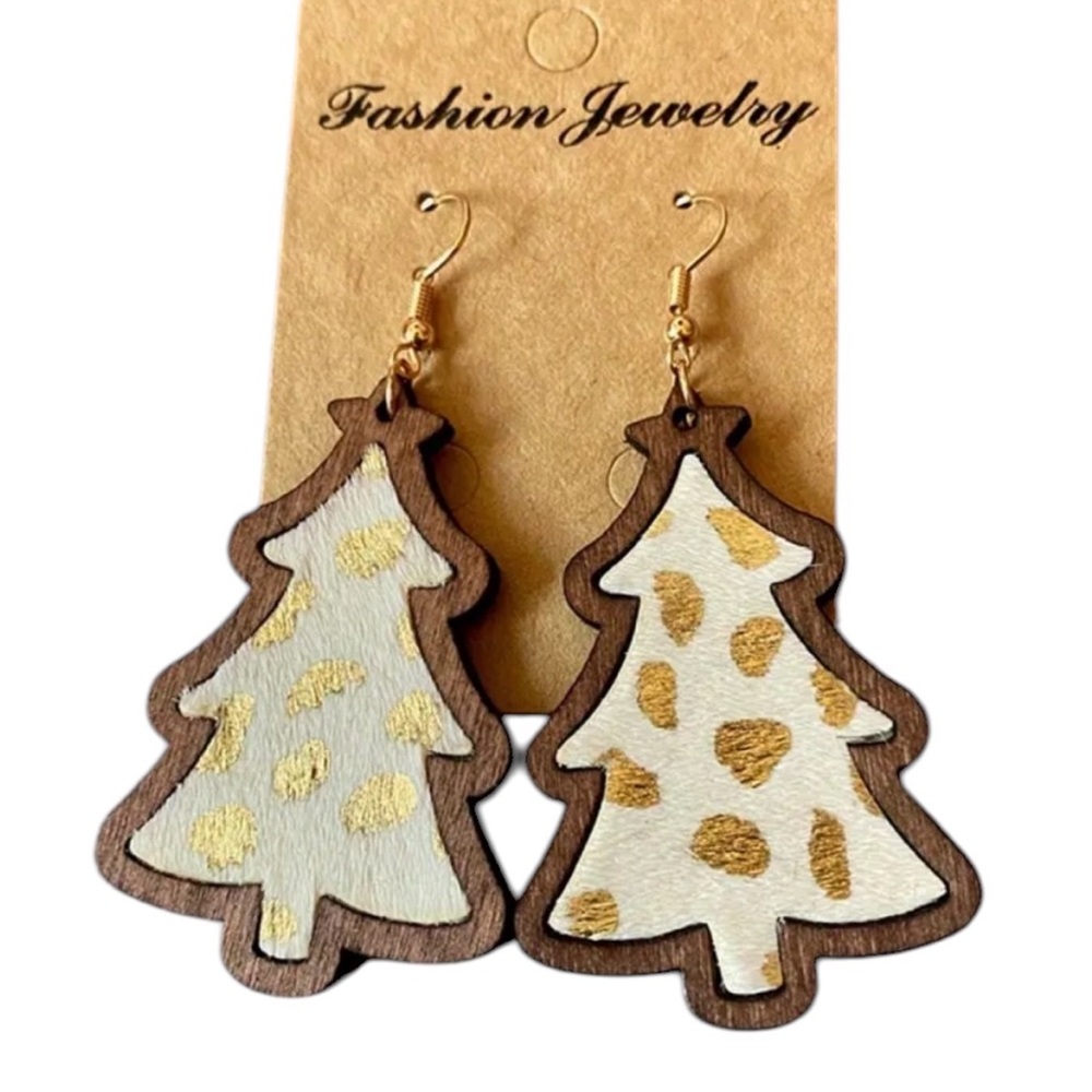 White Animal Print Christmas Tree Earrings